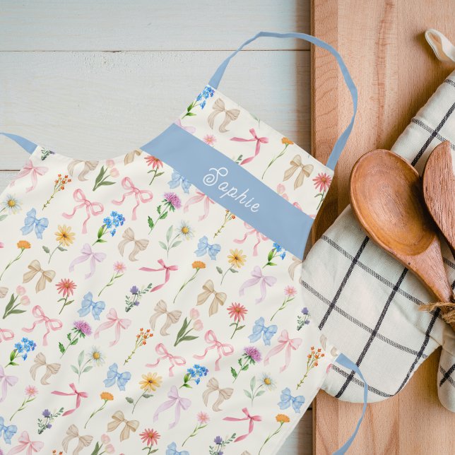 Delantal Chic Bow blue Floral Elegance Pattern Baking (Subido por el creador)