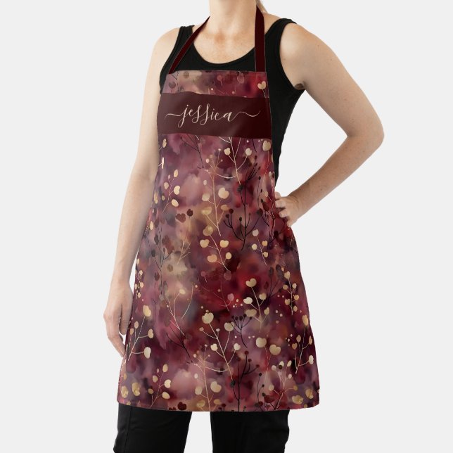Delantal Chic burgundy gold abstract floral name apron (in situ)