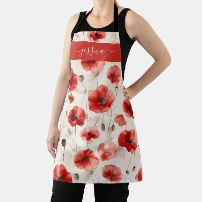 Delantal Chic red poppies script name apron (in situ)