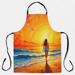 Delantal Chica atardecer playa caminar olas oceánicas decor