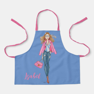 Delantal Chica con vaqueros y chaqueta rosa