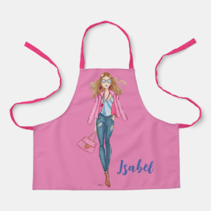 Delantal Chica con vaqueros y chaqueta rosa
