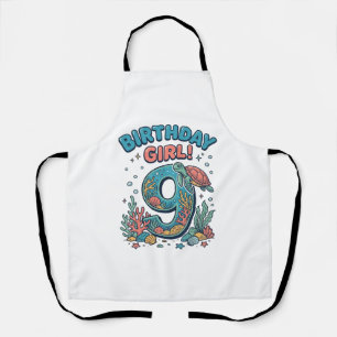Delantal Chica Cumpleaños 9 Tortuga Oceánica Diseño Vectori