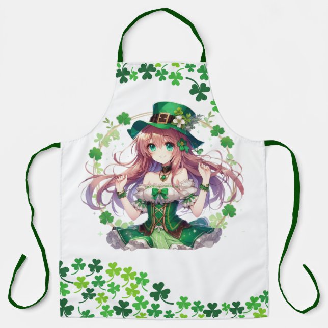 Delantal Chica de anime del trébol del Día de San Patricio (Anverso)