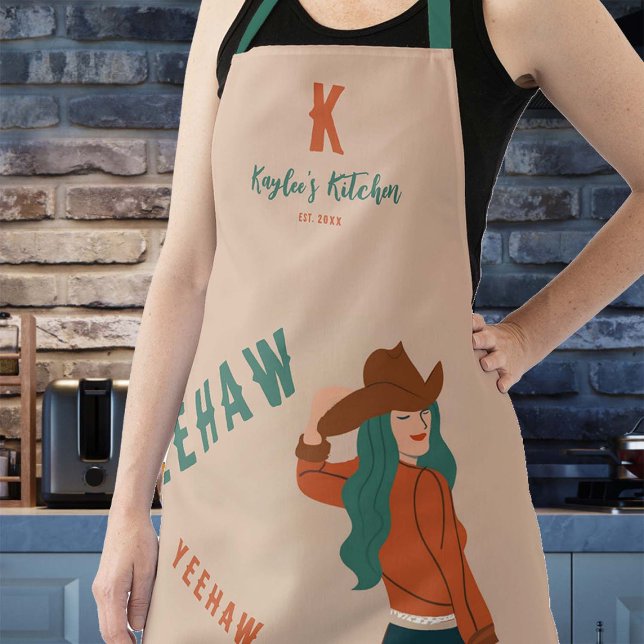 Delantal Chica fresca Yeehaw Terracotta Regalo de Monograma (friendsgiving christmas gift custom mom hostess apron monogram terracotta country western rustic)