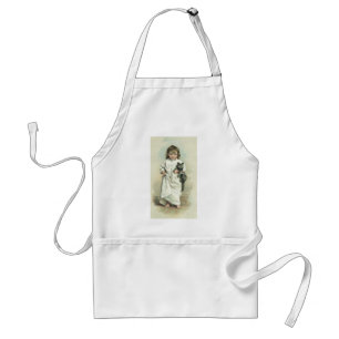 Delantal Chica victoriana vintage en camisón con su gato