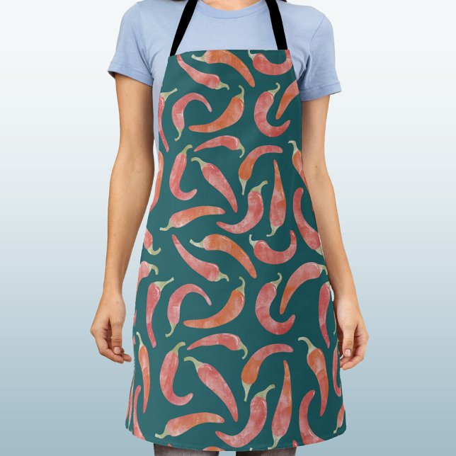Delantal Chili Pepper Red Teal Green Watercolor Art (Fun watercolor red chili pepper hot and spicy art apron)
