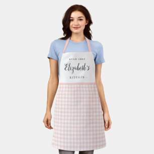 Delantal Chimenea rosa gingham de cocina personalizada para