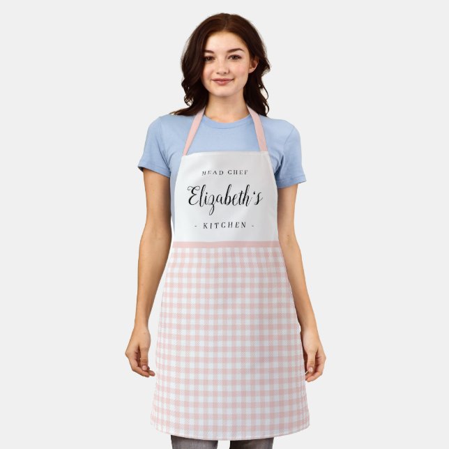Delantal Chimenea rosa gingham de cocina personalizada para (Gastado)