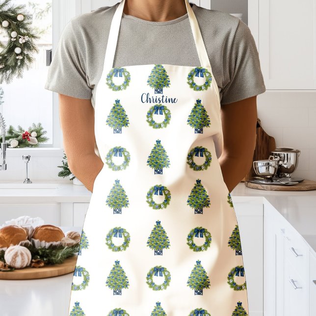 Delantal Chinoiserie Árboles de Navidad Wreath personalizad (Personlaized Name Chinoiserie Christmas Apron White)