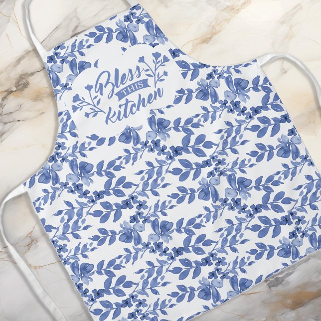 Delantal Chinoiserie Blue White Florals Kitchen Blessing (Subido por el creador)