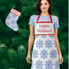 Delantal Chinoiserie Blue White Red Snowflakes Personalized