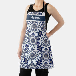 Delantal Chinoiserie Chic Azul Marino Patrón de Adorno Flor