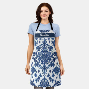 Delantal chinoiserie chic azul marino patrón de adorno flor