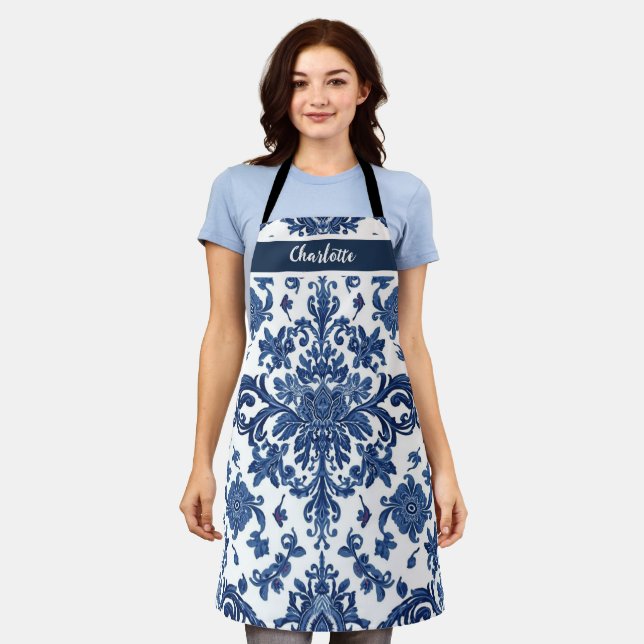 Delantal Chinoiserie Chic Navy Blue Flower Ornament Pattern (Gastado)
