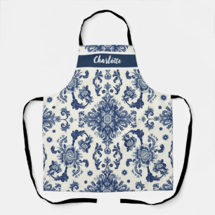 Delantal Chinoiserie Chic Patrón de Ornamento de Flor Azul 