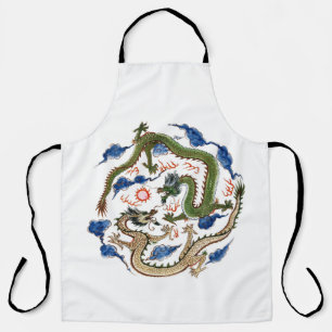 Delantal Chinoiserie Familia Verde Dragones Perla en llamas