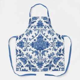 Delantal Chinoiserie Floral Azul Acuarela Blanca
