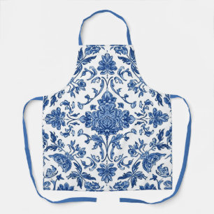 Delantal Chinoiserie Floral Azul Acuarela Blanca