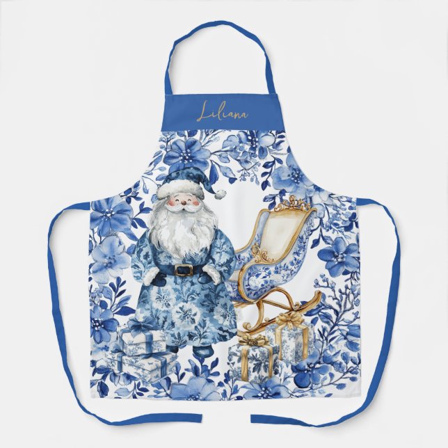 Delantal Chinoiserie Navidades Blue White Floral Santa (Anverso)