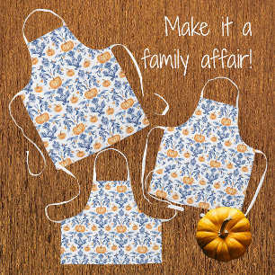 Delantal Chinoiserie Otoño Azul Blanco Calabazas Naranjas