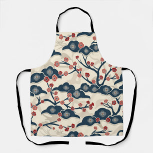 Delantal Chiyogami Japonés Ume Coral Rojo Índigo Crema