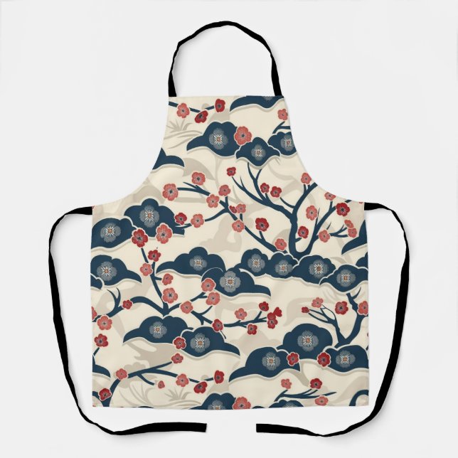 Delantal Chiyogami Japonés Ume Coral Rojo Índigo Crema (Anverso)