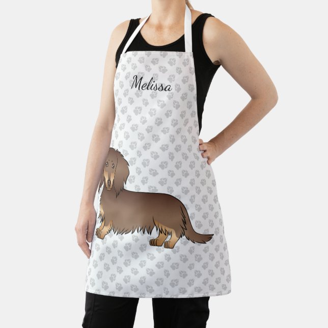 Delantal Chocolate y tan largo pelo Dachshund Perro y nombr (in situ)