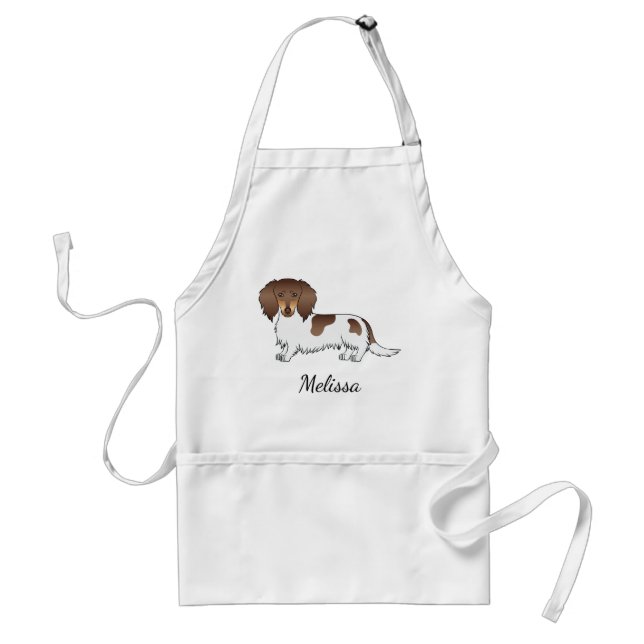 Delantal Chocolate y Tan Piebald Dachshund de Pelo Largo y  (Frente)
