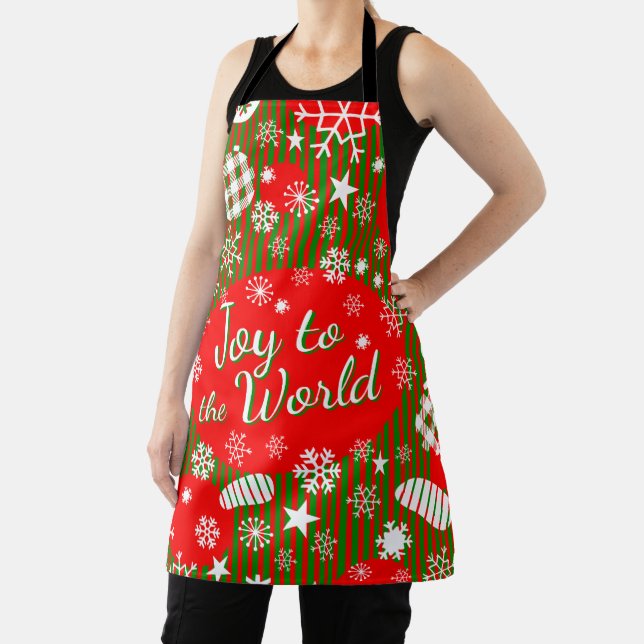 Delantal Christmas Apron – Joy to the World Red & Green (in situ)