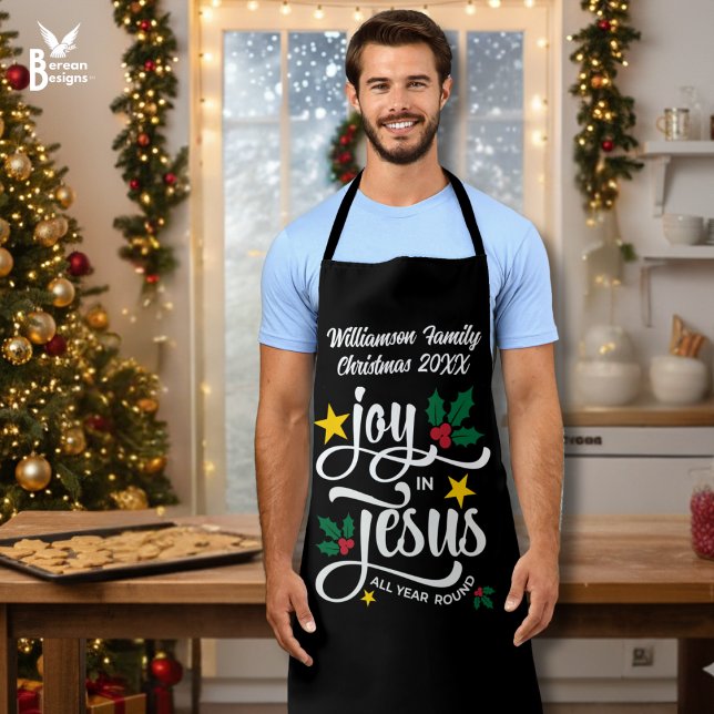 Delantal Christmas Family JOY IN JESUS Custom Christian  (Black personalized JOY IN JESUS matching family apron with typography and customizable name)