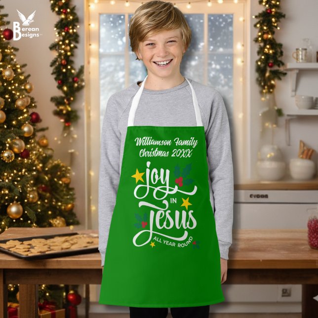 Delantal Christmas Family JOY IN JESUS Custom Christian  (Green personalized JOY IN JESUS matching family apron with typography and customizable name)