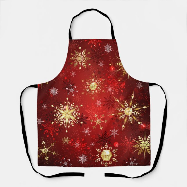 Delantal Christmas Golden Snowflakes on Red Background (Anverso)