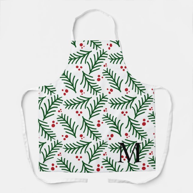 Delantal Christmas Greenery Berries INITIAL Modern Holiday (Anverso)