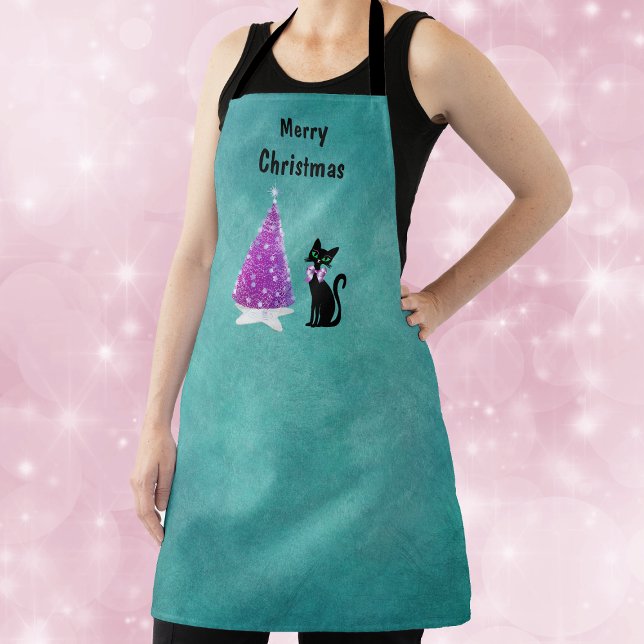 Delantal Christmas Pink Silver Tree Star Rug Black Cat Teal (Pink silver tree on star rug with black cat wearing pink bow on teal Christmas kitchen apron.)