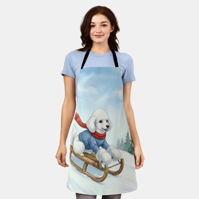 Delantal Christmas Poodle Sledding, Apron (Gastado)