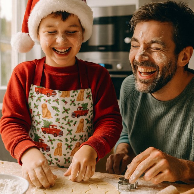 Delantal Christmas Red Truck Pattern Kids  (A Christmas moment: making cookies with dad while wearing cute red-truck digital watercolor apron.)