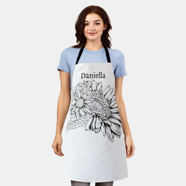 Delantal Chrysanthemum Black Line Drawing with Your Name  (Gastado)