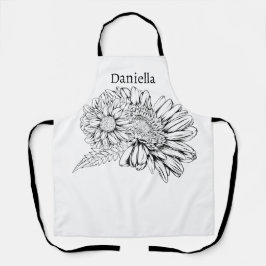 Delantal Chrysanthemum Black Line Drawing with Your Name 