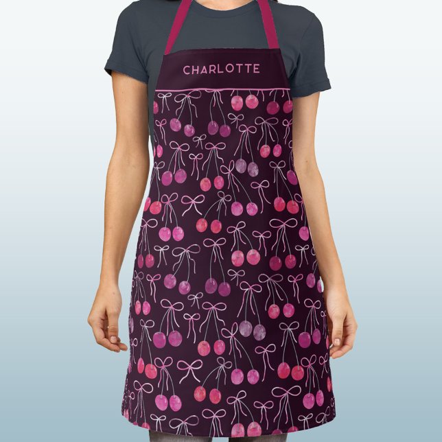 Delantal Cintas de cerezas de arcos de agua personalizadas (Watercolor cherries, ribbons and bows pattern black cherry personalized name apron)