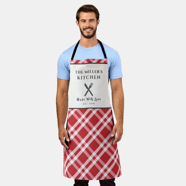Delantal Clásico Cuadro de Gingham Rojo Blanco Personalizad (Gastado)
