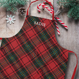 Delantal Clásico Elegante Navidades Tartán Rojo Nombre de f