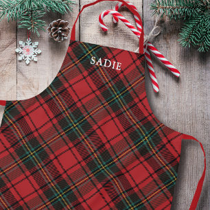 Delantal Clásico Elegante Navidades Tartán Rojo Nombre de f