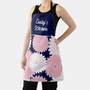 Delantal Clavelina Rosa Crisantemo Floral Azul Marino