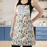 Delantal Cocina con nombre personalizado de ensalada de veg<br><div class="desc">Un divertido delantal con verduras de mano e ingredientes de ensalada y dos líneas de texto personalizado, Añadir el nombre de una persona, nombre de negocio o borrar el texto y rectángulo y simplemente tener el patrón. Perfecto como regalo de cumpleaños, delantal para los propietarios de cafés y restaurantes de...</div>