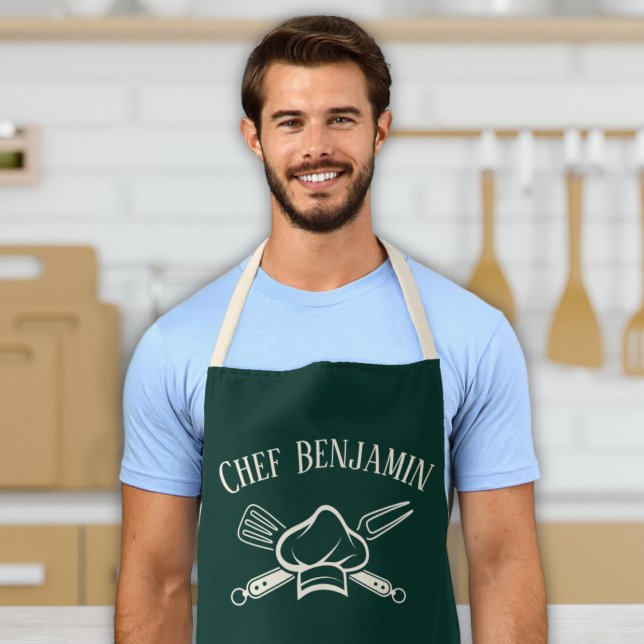 Delantal Cocina de Cocina con Nombre Personalizado del Chef (Custom personalized men's chef bbq smoker baking apron chef hat barbecue fork design with name)