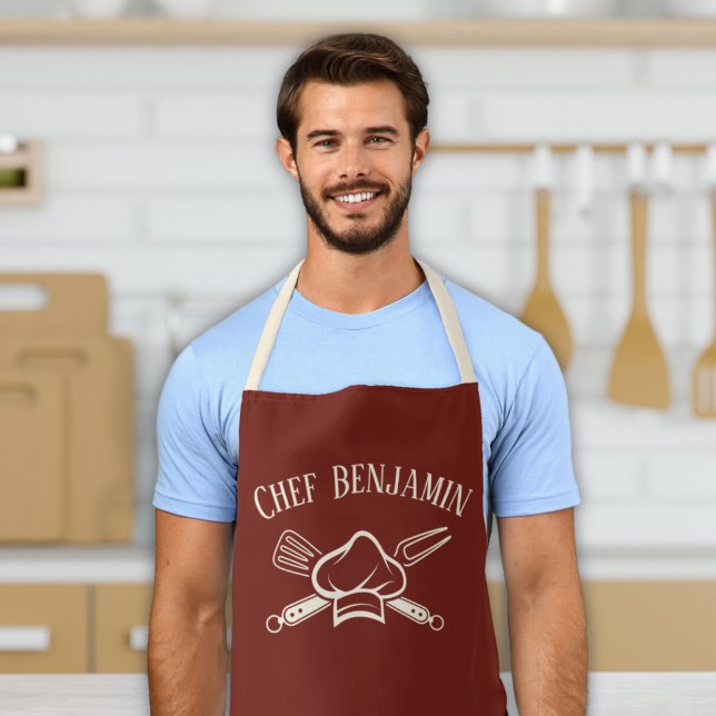 Delantal Cocina de Cocina con Nombre Personalizado del Chef (Men's bbq chef apron "chef custom name" gifts for the cook, red and cream apron personalized name)