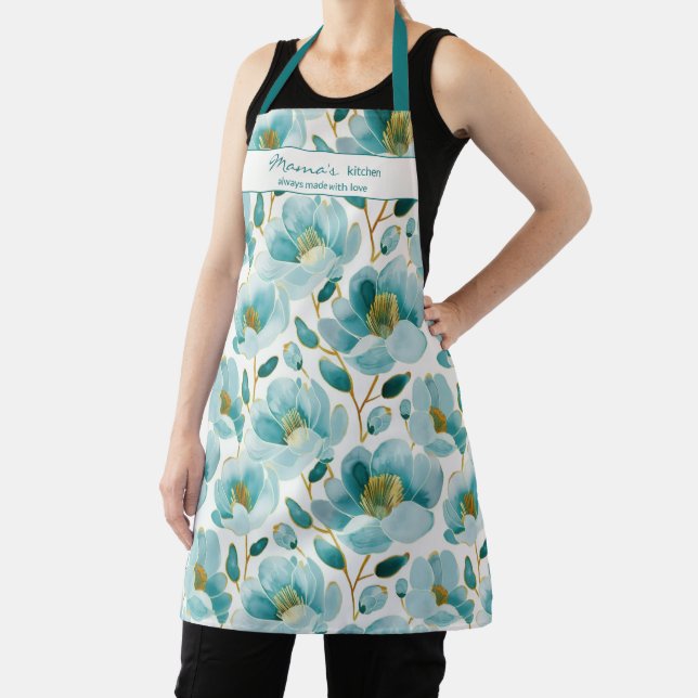 Delantal Cocina de Mamá Floral Azul Teal (in situ)