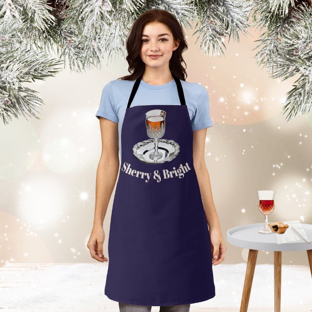 Delantal Cocina de Navidades de Novedad divertida y brillan (A festive kitchen apron with glass of sherry picture and 'Sherry & Bright' caption)
