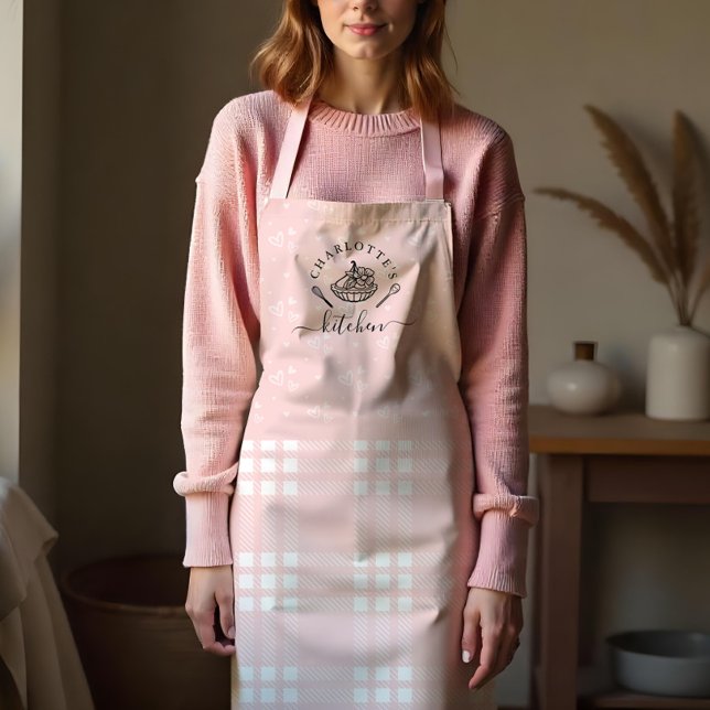 Delantal Cocina de personalizado rosa de plástico con Whisk (Custom Pink Plaid Kitchen Whisk & Tart Baking Apron)